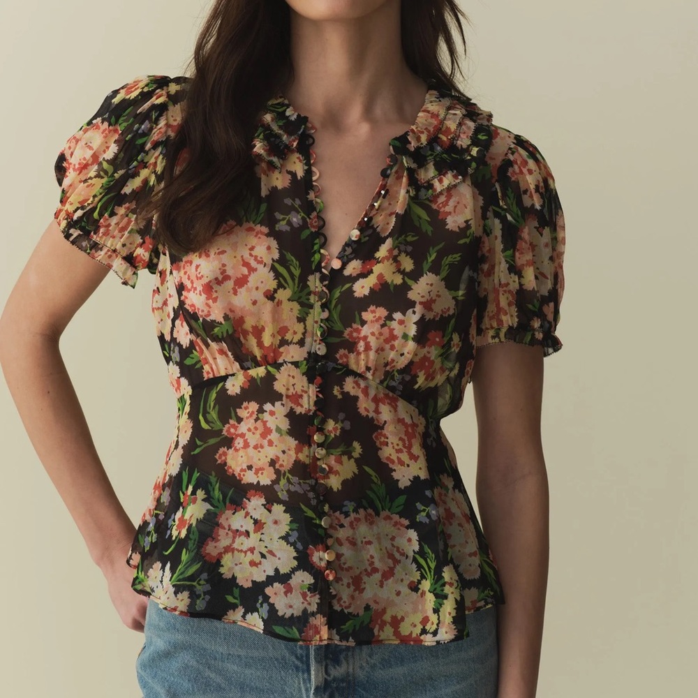 Doen Black Floral Puff-Sleeve Blouse with Peach Blooms Alona Top Meadow Mirage S
